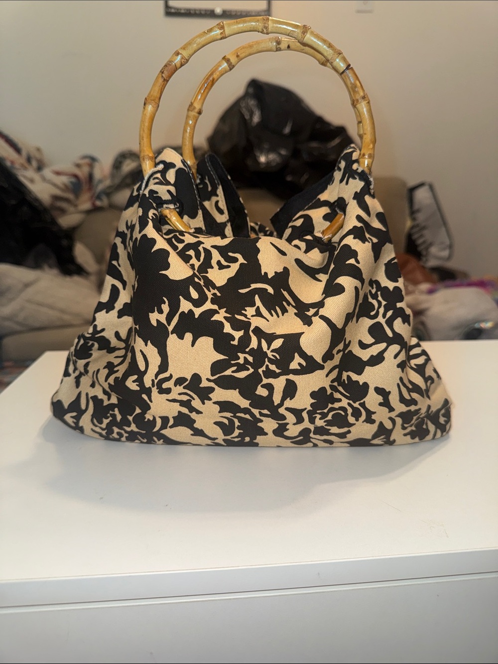 Black and Cream Floral Canvas Tote with Bamboo Handles